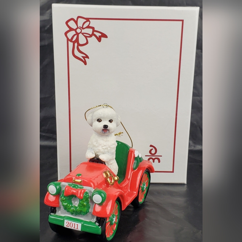 Danbury Mint 2011 Bichon Frise Rockin' Roadster Christmas Tree Ornament w/Box